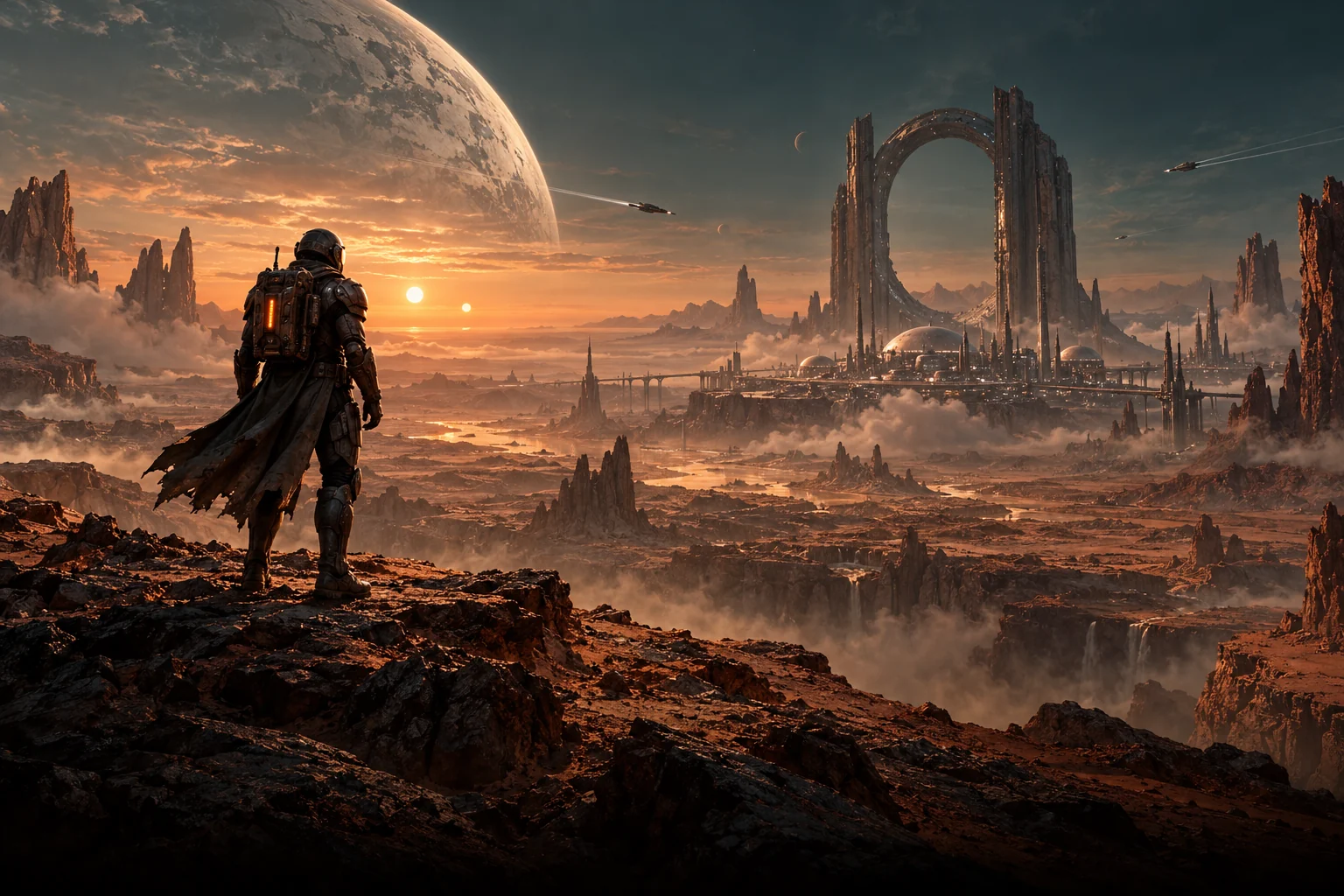 Um explorador observa uma cidade e um portal alienígena sob um céu de planetas